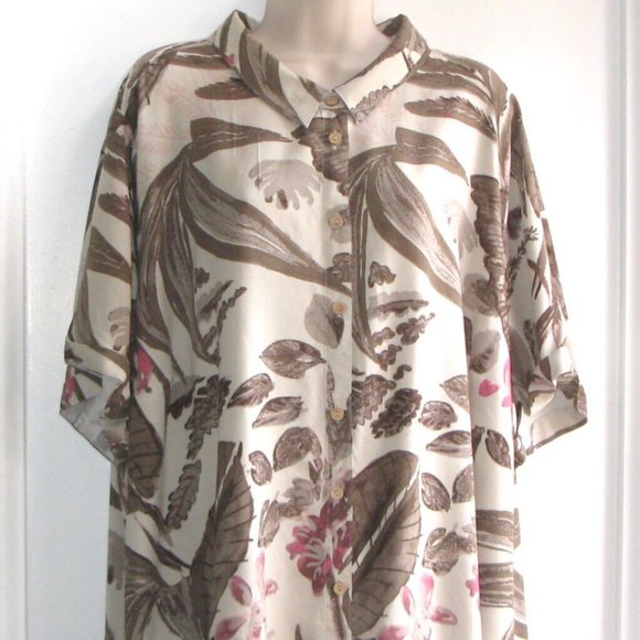NWT DENIM & CO NATURALS TROPICAL PRINT SHORT-SLEEVE BUTTON FRONT SHIRT TAUPE XXS - Picture 1 of 5